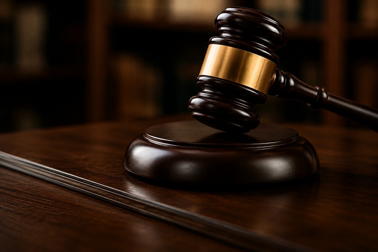 Judge's gavel with gold band on a wooden desk