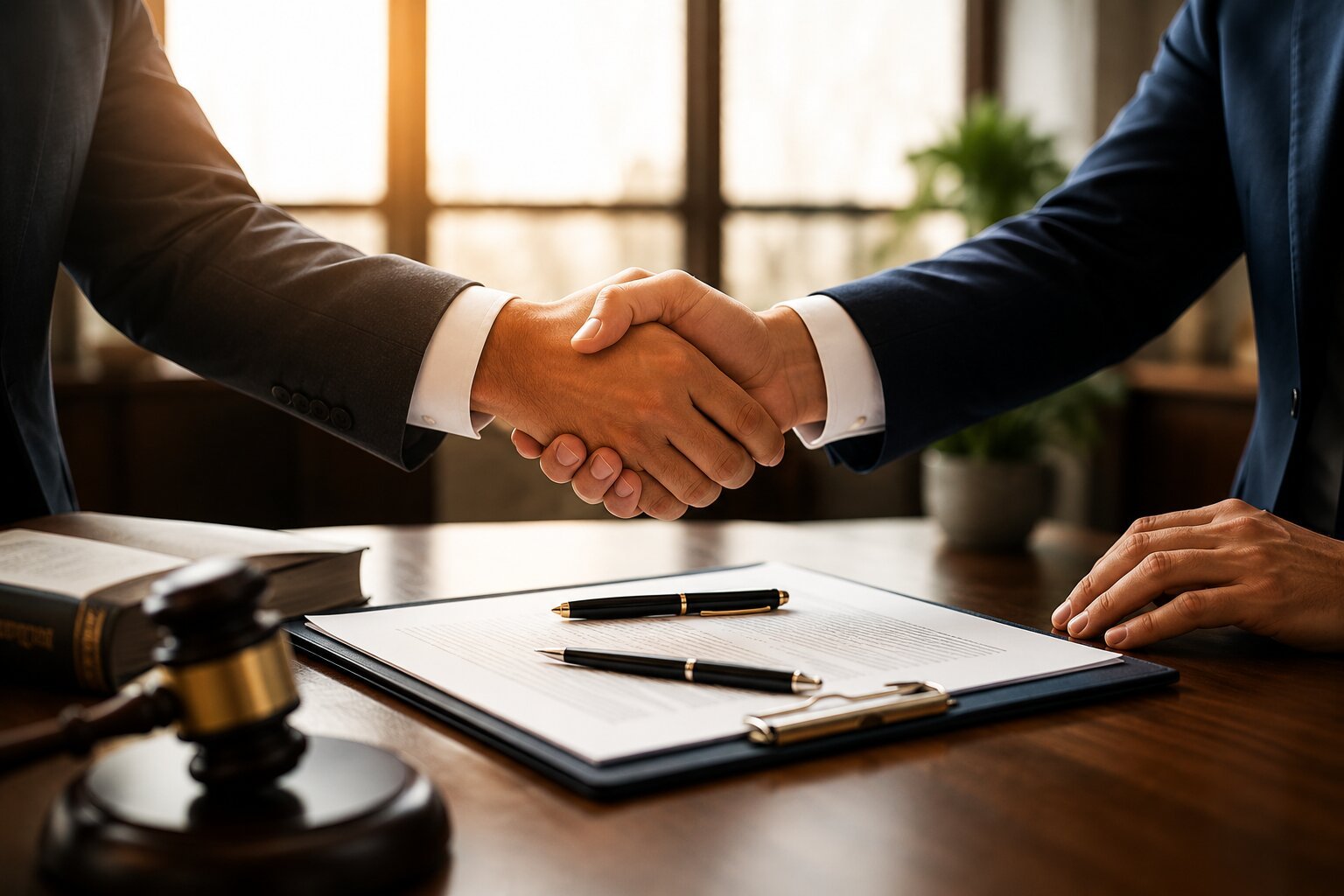 Lawyer and client shaking hands over a signed agreement
