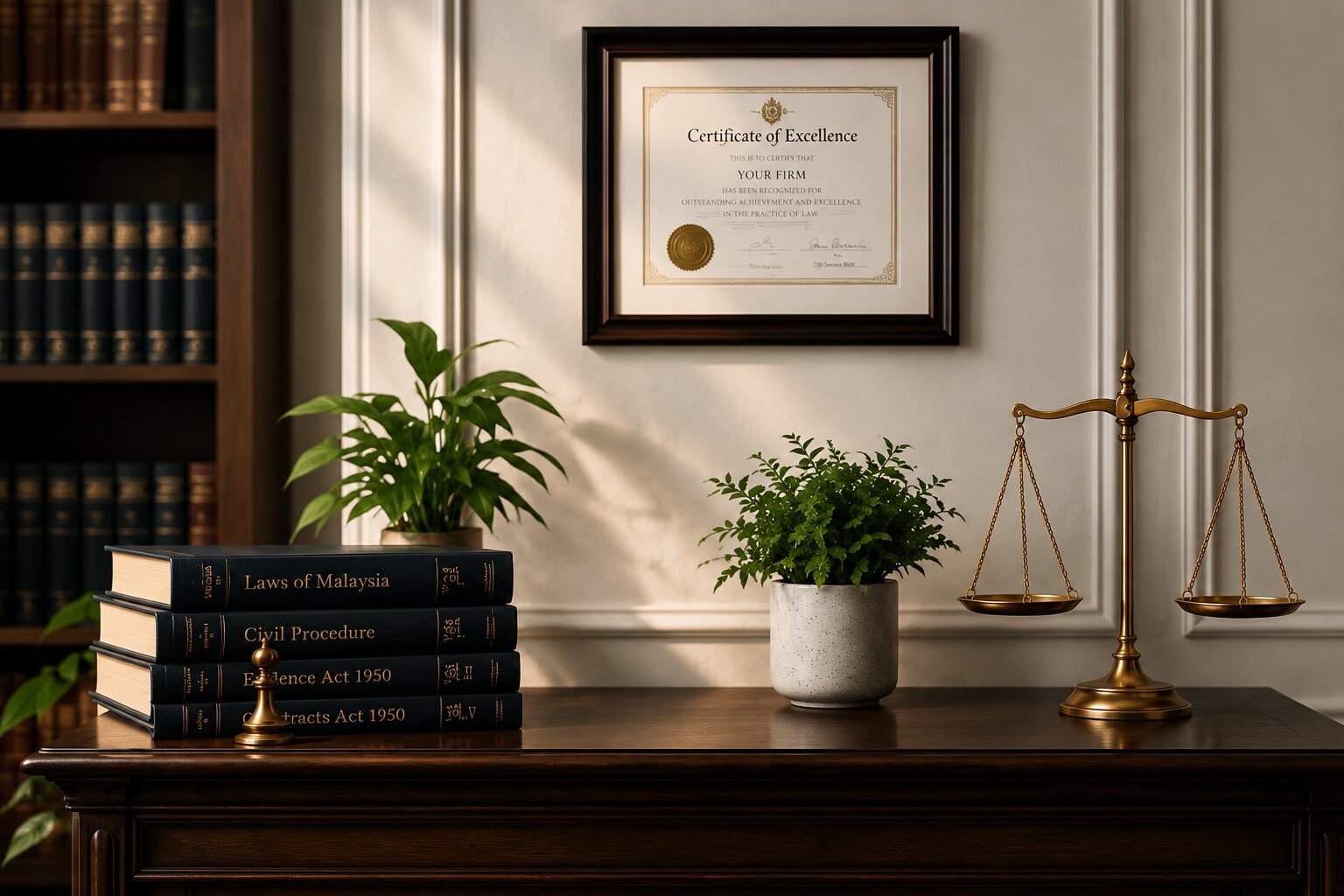 Office bookshelf with certificate of excellence and scales of justice